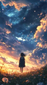 Twilight meadow girl beneath swirling cosmic sky glow.