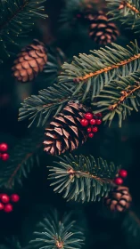 Pine branches with cones and red berries in close focus.