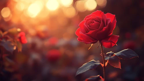 Red rose photographed against warm-toned blurred background.
