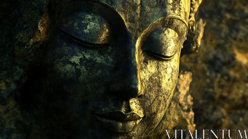Weathered golden Buddha face sculpture under low warm light
