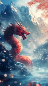 Crimson dragon coiled in misty glacial mountain pass.