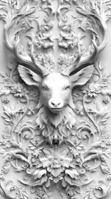 3D sculpted stag relief with ornate botanical baroque symmetry.
