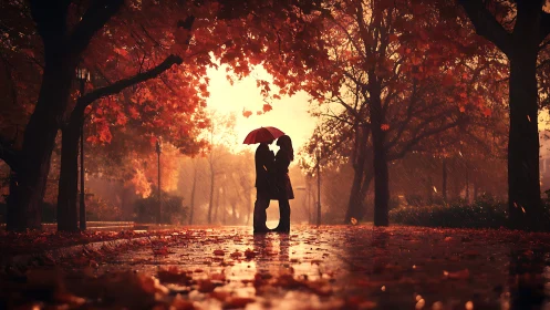 Silhouetted Couple Embracing Under Crimson Canopy with Umbrel. Rain Scene.