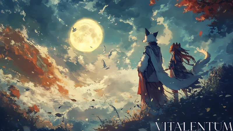 Anthro travelers gaze at a luminous moon over painted skies