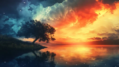 Bicolor sunset sky contrasts lone shoreline tree and mirror lake