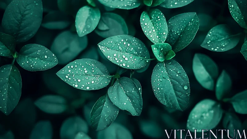 Green leaves with raindrops in uniform overhead arrangement.