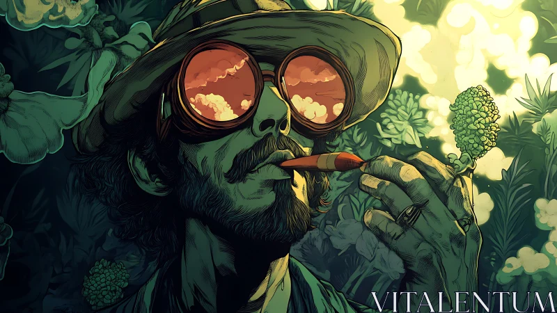 Psychedelic botanist with reflective goggles in dense foliage.