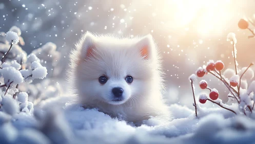 White puppy in snowy landscape with red winter berries.