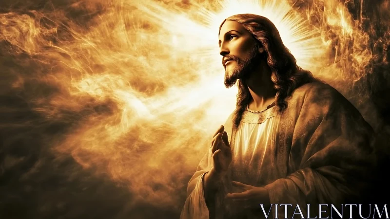 Radiant holy figure glows within swirling golden light.