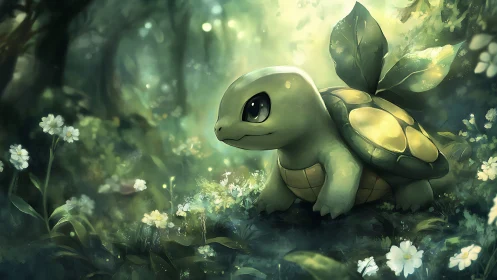 Bioluminescent turtle creature rendered in soft forest light
