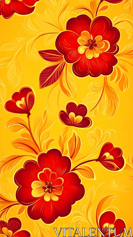 Radiant red blossoms dance gently on warm golden yellow