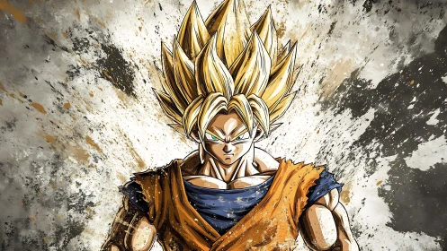 Electric-haired anime warrior amid splattered grunge field.