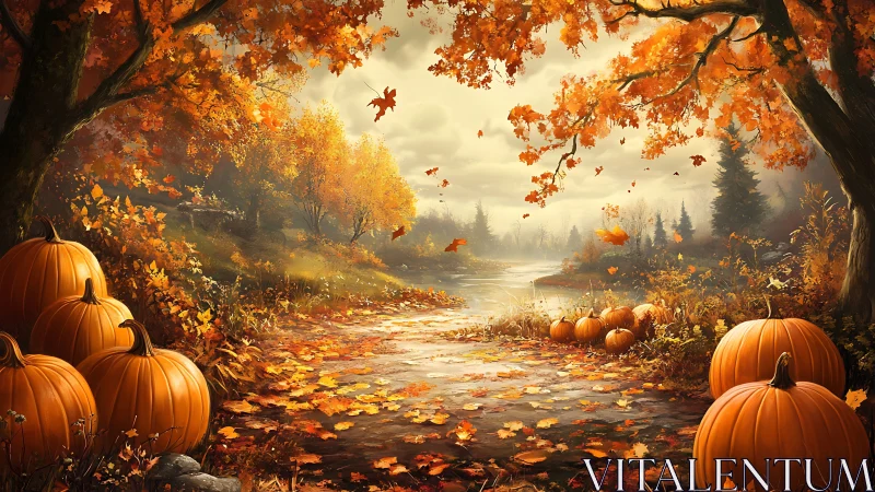 Autumn Landscape with Volumetric Lighting Through Deciduous Canopy