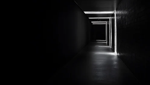 Geometric light traces carve depth into a dark corridor.