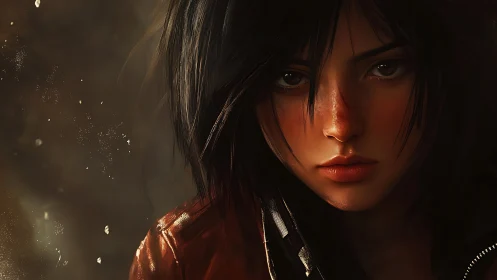 Battle-scarred heroine portrait in warm digital light.