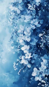 Blue Floral Cascade. Ethereal White Petals Against Gradient Depths.