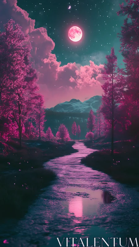 Pink moonlit river curves through neon forest at night