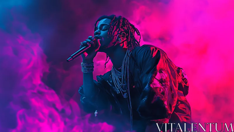 Neon vapor stage portrait of rapper in magenta cyan haze.