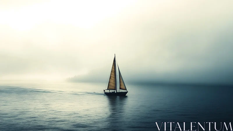 Gentle sailboat gliding through quiet misty morning waters.