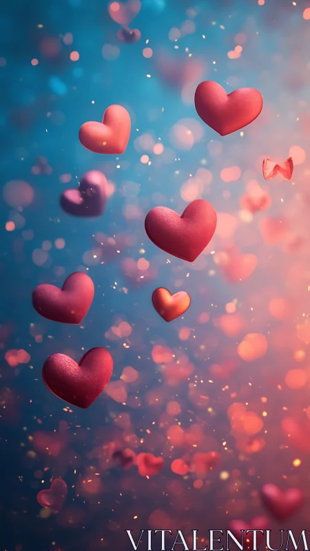 Luminous hearts floating through bokeh light particles