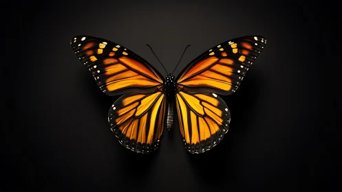 Monarch butterfly rests sharply lit on deep black background