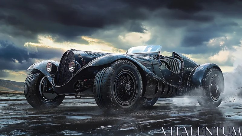 Streamlined vintage roadster on wet terrain under clouds.