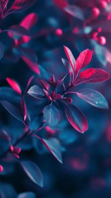 Neon tinted leaves form closeup foliage against dark background