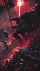 Storm-lit warrior rises over a burning crimson battlefield