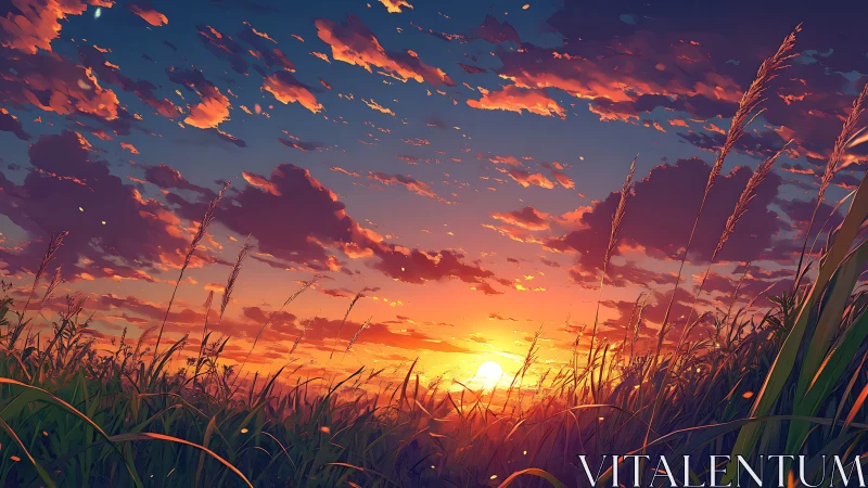 Spectral gradient sunset over wind-bent meadow grasses panorama.