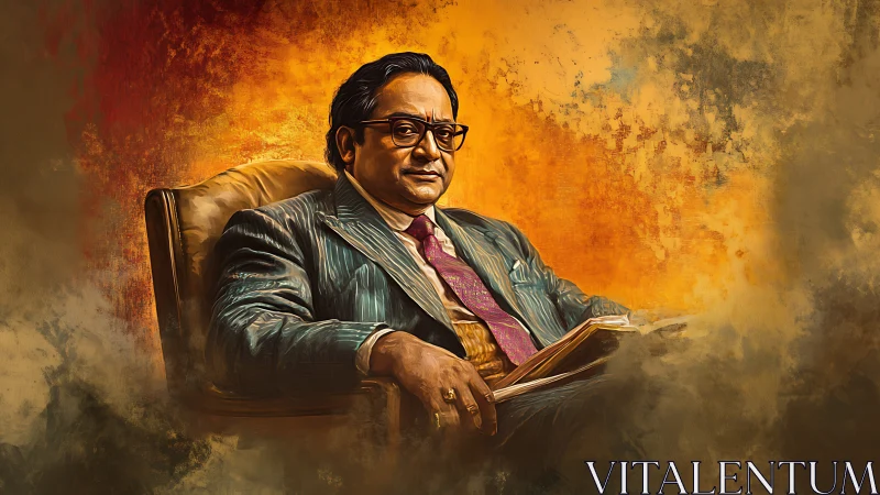 Seated man in suit holding open book against warm backdrop.