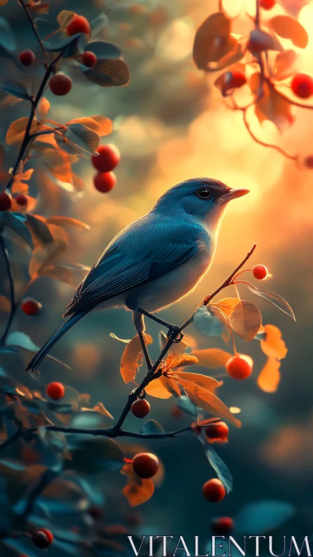 Blue songbird on berry branch in glowing sunset forest.