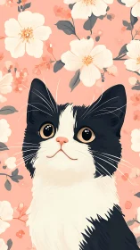 Black and White Cat Gazes Through Dreamy Floral Garden.