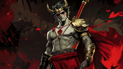 Brooding horned warrior wrapped in ember-red shadows.