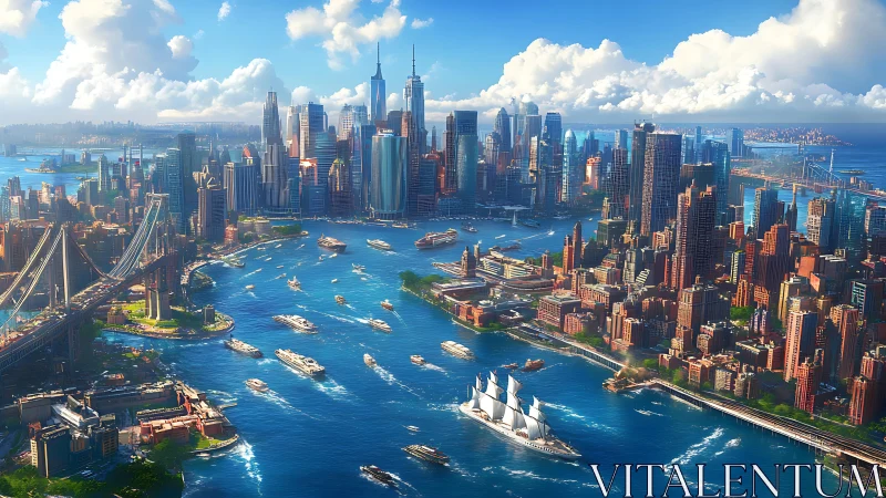 Rendering shows dense waterfront cityscape with active harbor