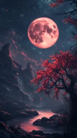 Red-toned full moon above river valley and tree canopy.