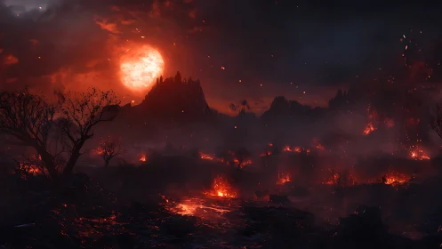 Apocalyptic landscape with crimson sun and burning terrain.