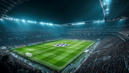 Full football stadium under bright night match lights.