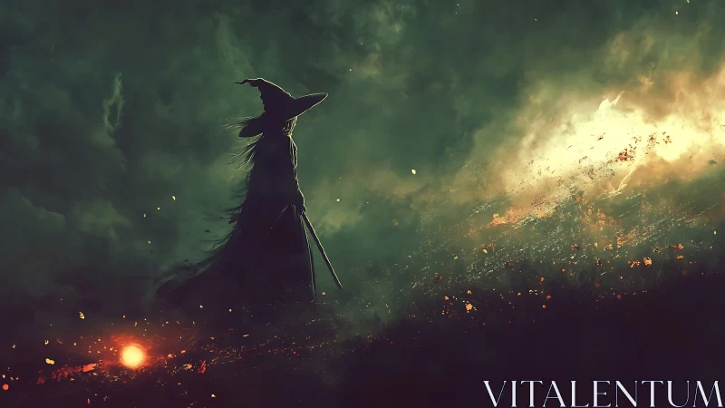 Lone witch confronts blazing magic amid stormy twilight.