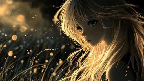 Golden dusk girl in a field of drifting firefly light.
