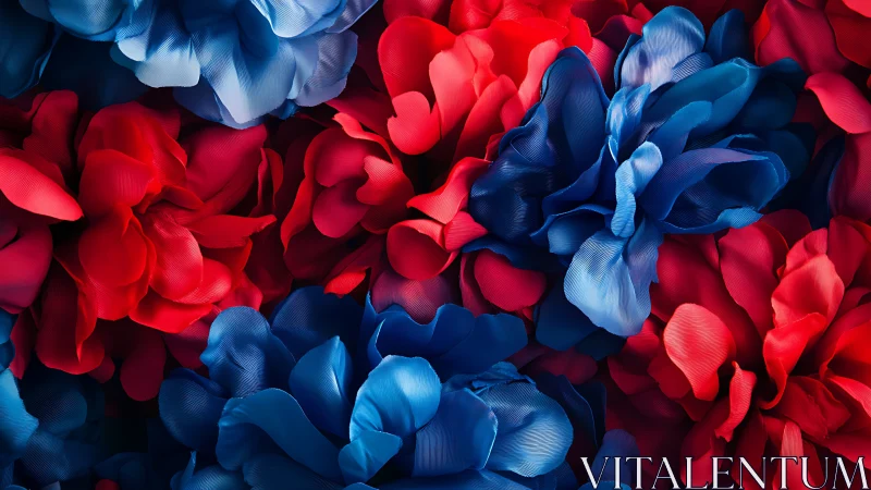 Saturated red and blue fabric florals in dense macro cluster.