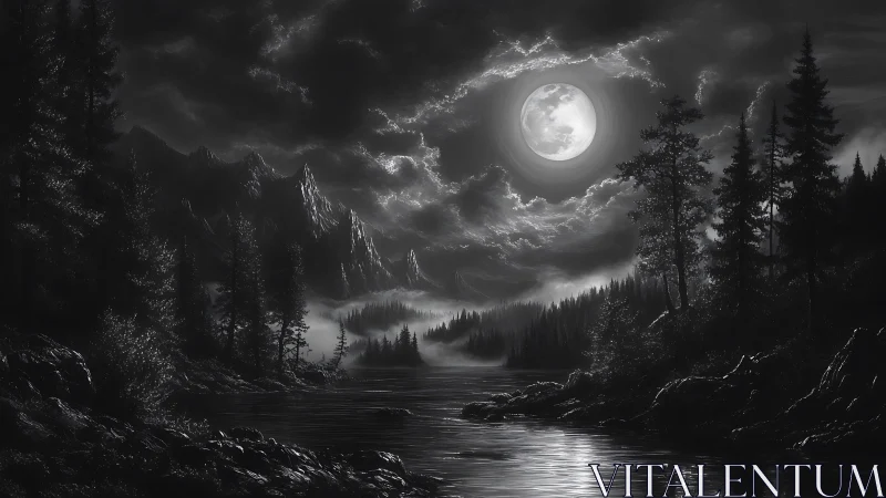 Monochrome mountainous river valley under full moonlight.