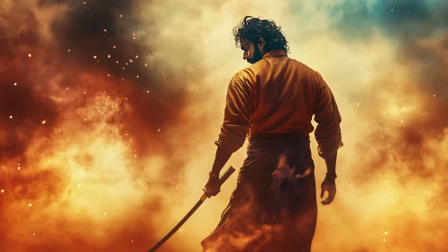 Sword-bearing warrior silhouetted in blazing battle fog.