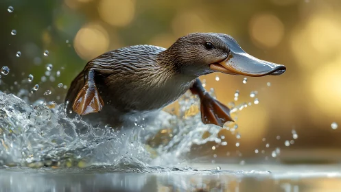 Photorealistic duck skimming water in golden sunset light.