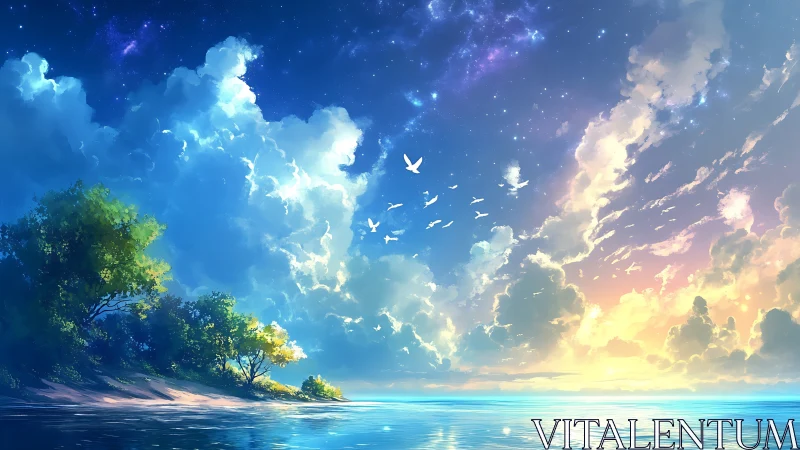 Dreamy seaside sunrise bathes clouds and calm ocean in light