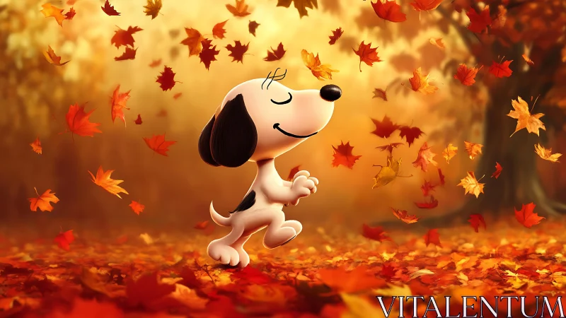 Cartoon beagle walking through bright autumn leaves.