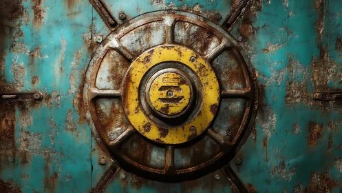 Rusty circular metal hatch on distressed turquoise door.