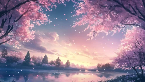 Gentle cherry blossom sunset over a quiet riverside path.