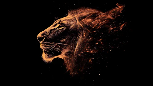 Lion profile rendered in glowing ember particles.