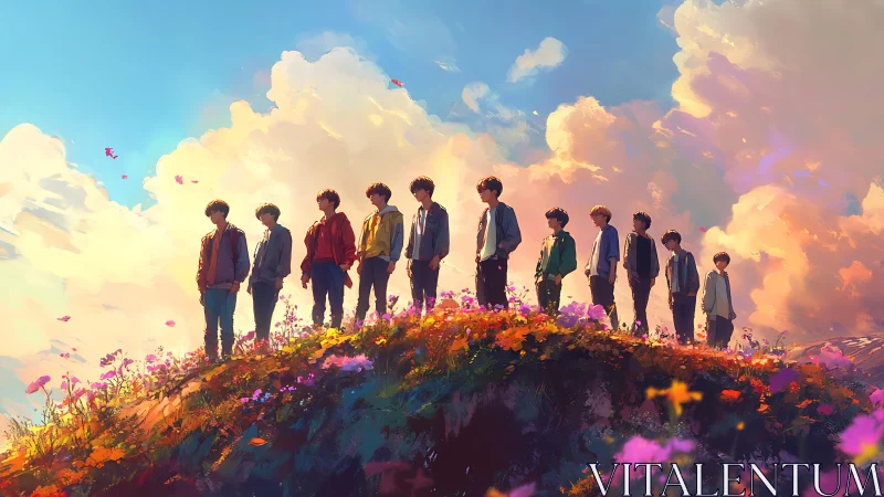 Ten silhouetted youths on flowered hill under sunset sky.