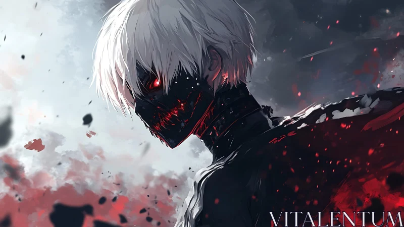 White-haired masked figure stands in profile amid debris